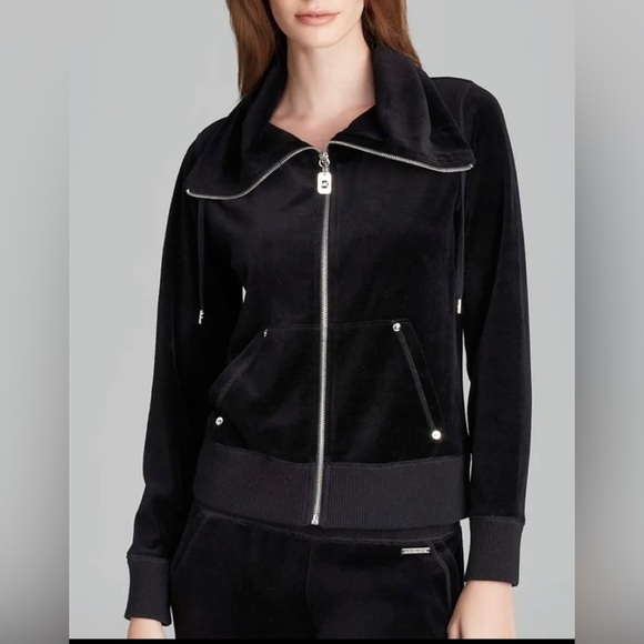 Michael Kors Womens Velvet Jacket black Front Zipper Pockets Drawstring M - Picture 1 of 9